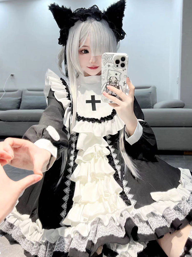 Black and White Goth Nun Style Lolita Dress Tutu Ruffle Cross