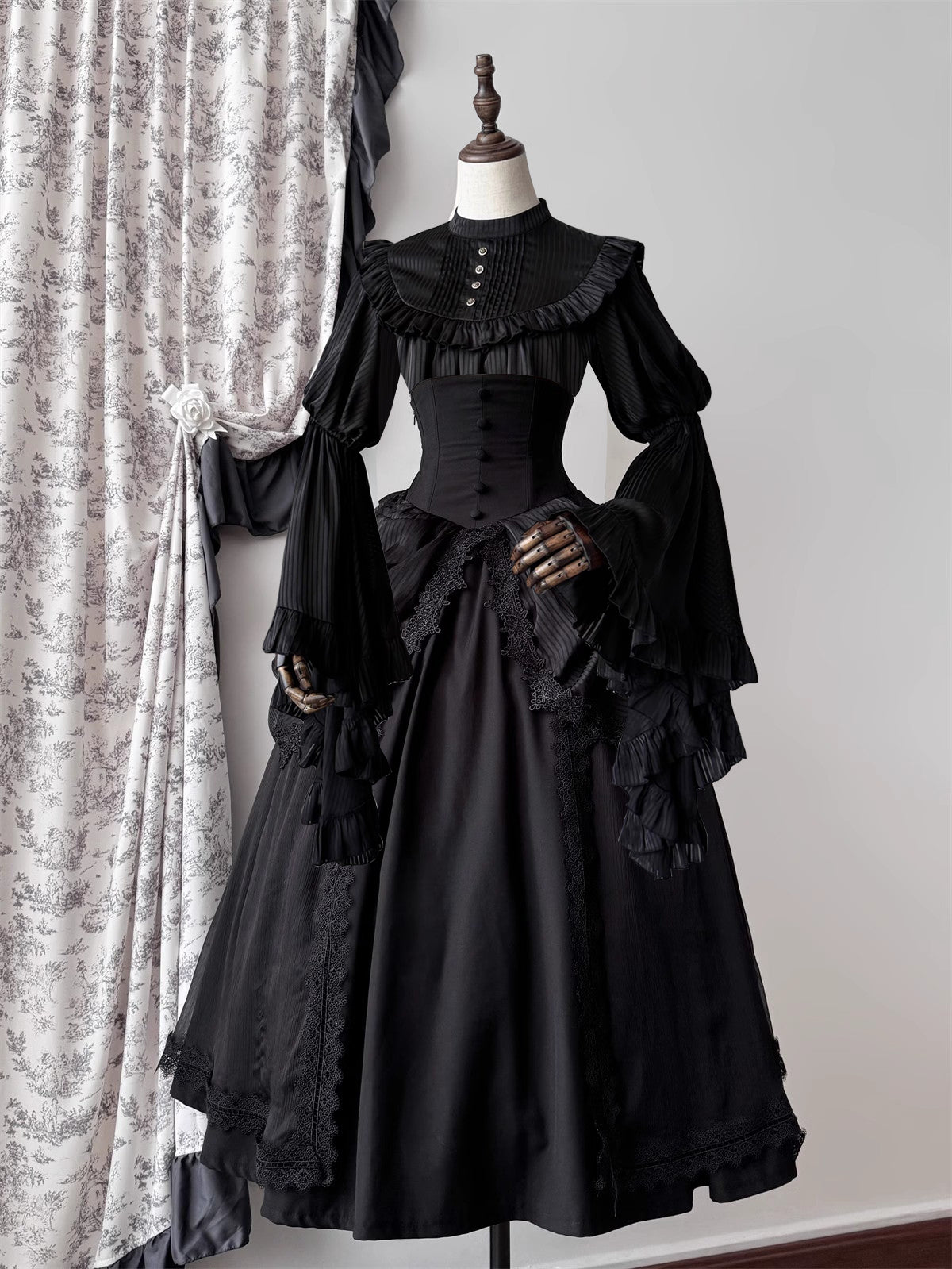 Dark Gothic Lolita Outfit Ruffles Long Skirt Shirt Court Style Witch Costume Halloween