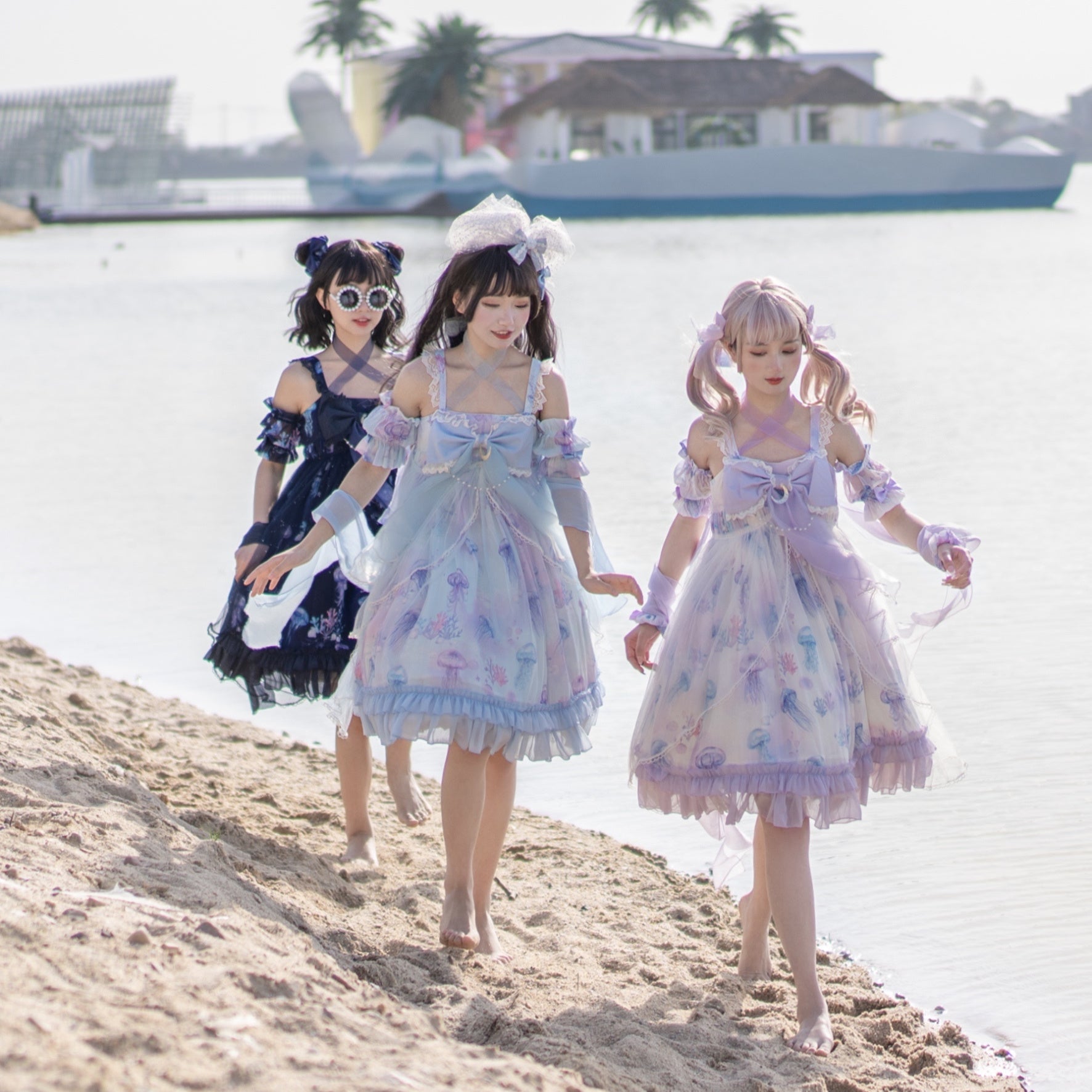 Qi Lolita Sky Blue Purple Lace Long Dress Printed Hem Ruffle