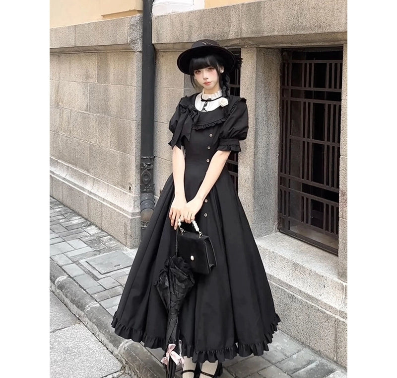 Gothic Lolita Classic Black Dress with Contrast Details Japanese Light Lolita Daily