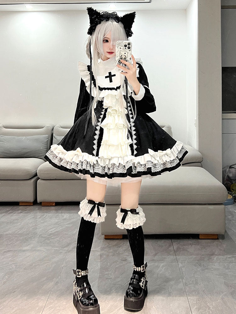 Black and White Goth Nun Style Lolita Dress Tutu Ruffle Cross