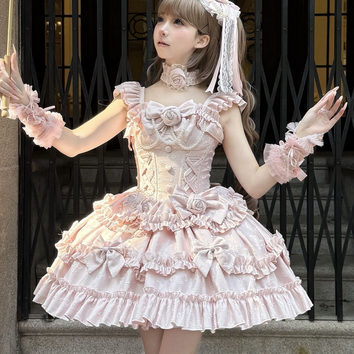 Gradual Change Hime Pink Lolita Tea Party Fashion Lavender Bow Ruffled Dress