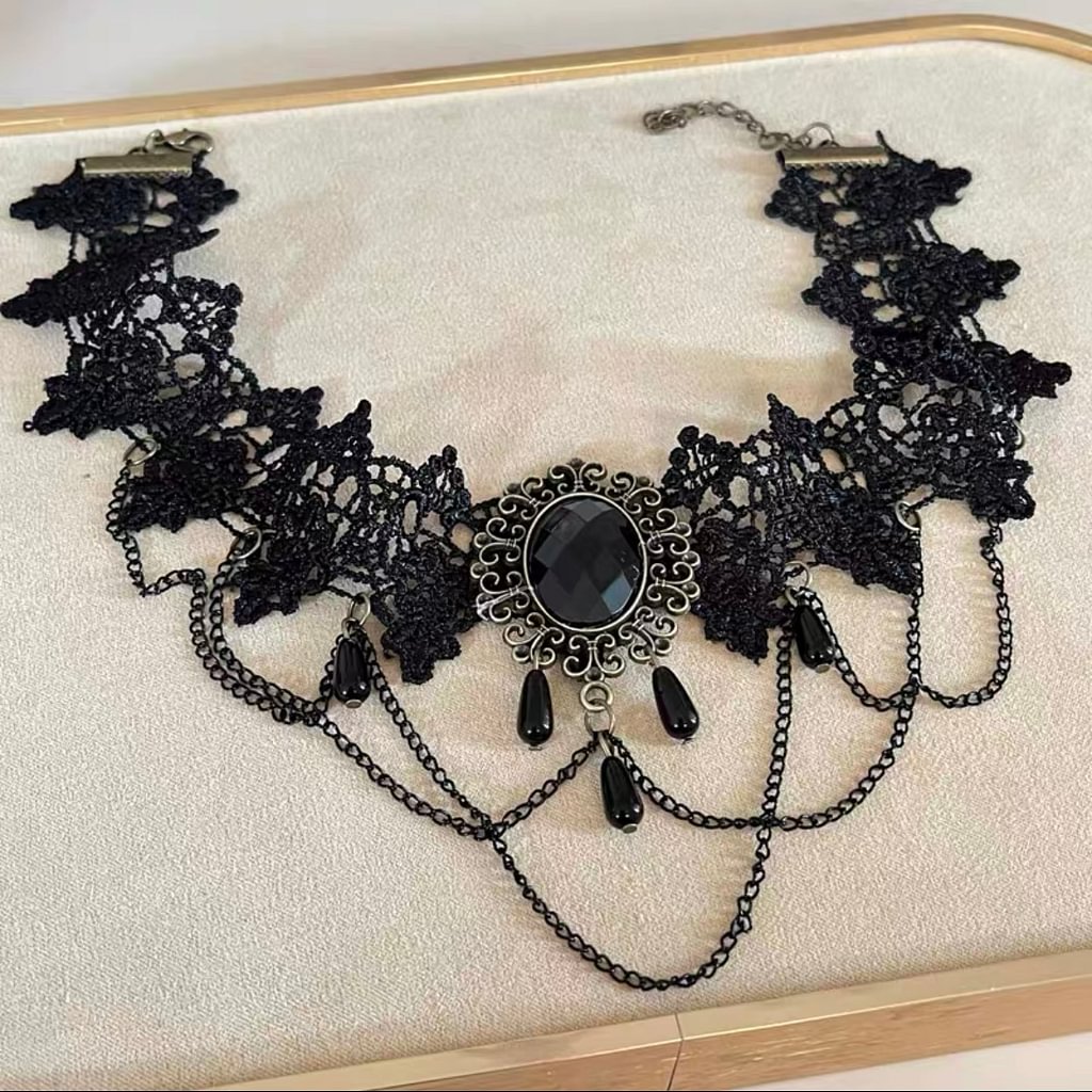 Dark Gothic Vintage Lolita Lace Necklace Black Chain Choke Halloween