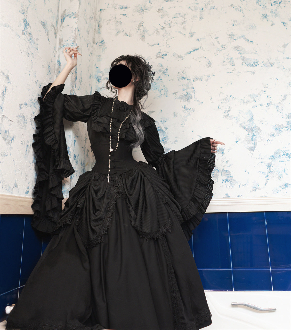 Dark Gothic Lolita Outfit Ruffles Long Skirt Shirt Court Style Witch Costume Halloween