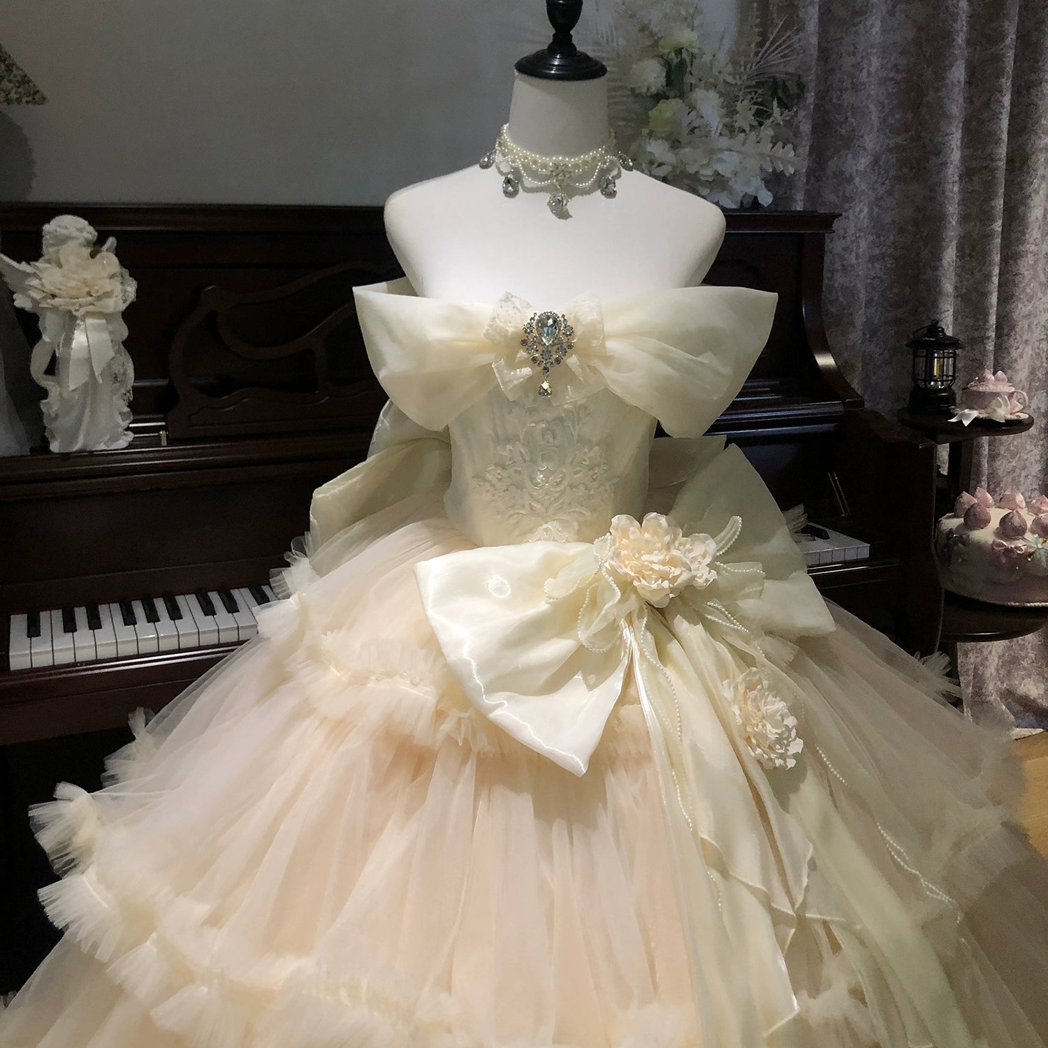 Hime Lolita Tea Party Fashion Off Shoulder Apricot Floral Gown Mitzvah French Tutu Dress Princess Dress