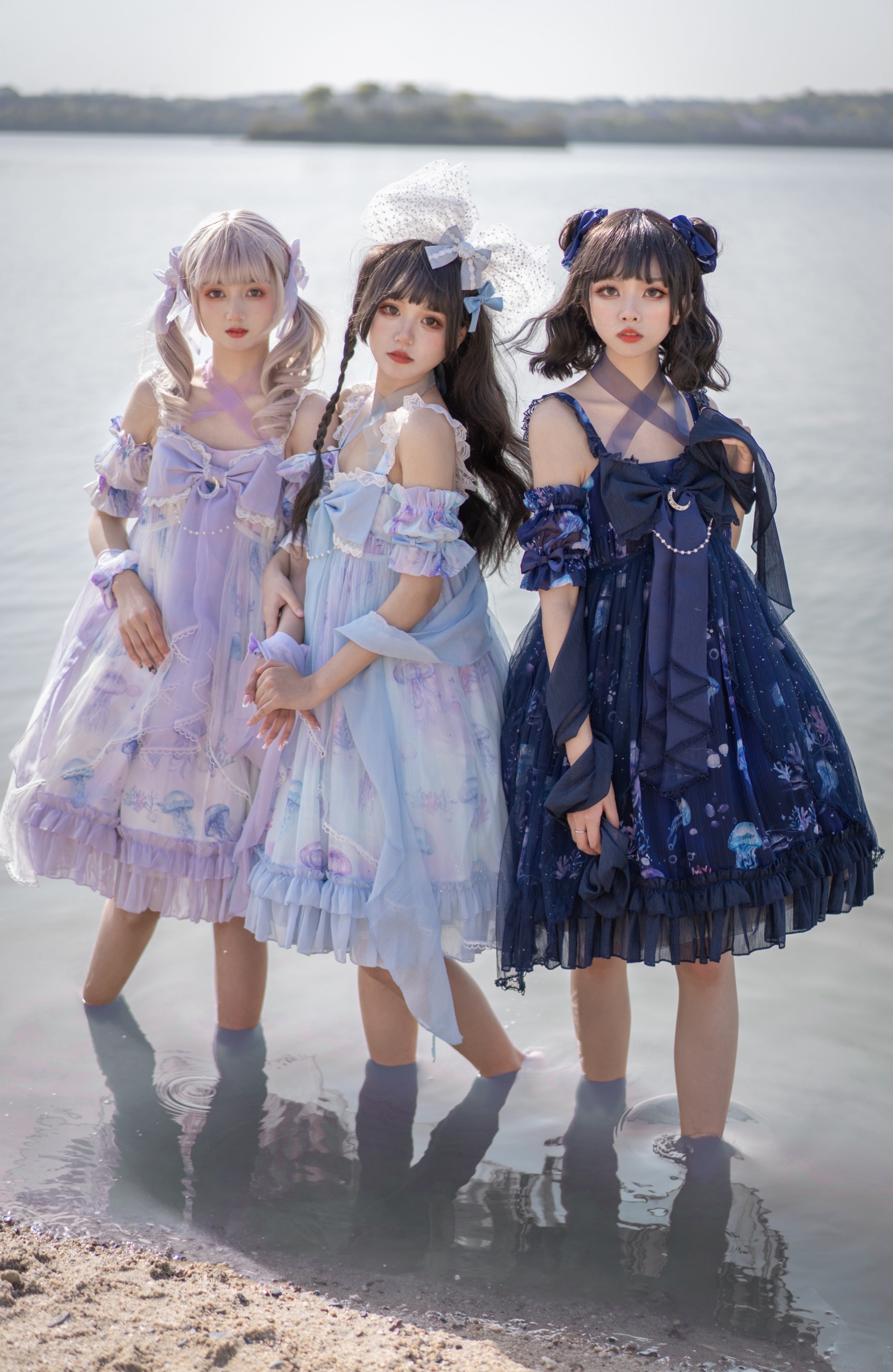 Qi Lolita Sky Blue Purple Lace Long Dress Printed Hem Ruffle