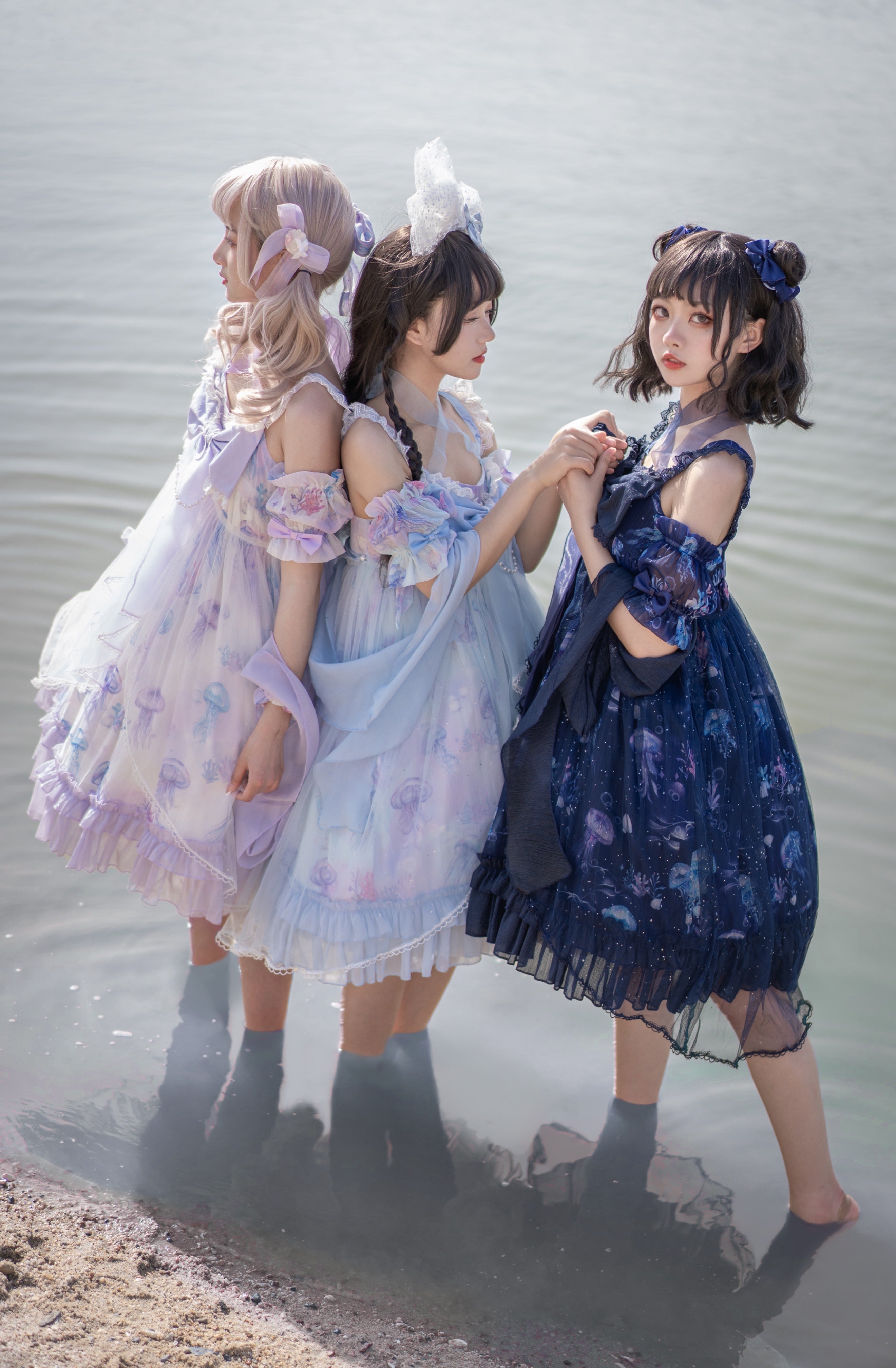 Qi Lolita Sky Blue Purple Lace Long Dress Printed Hem Ruffle