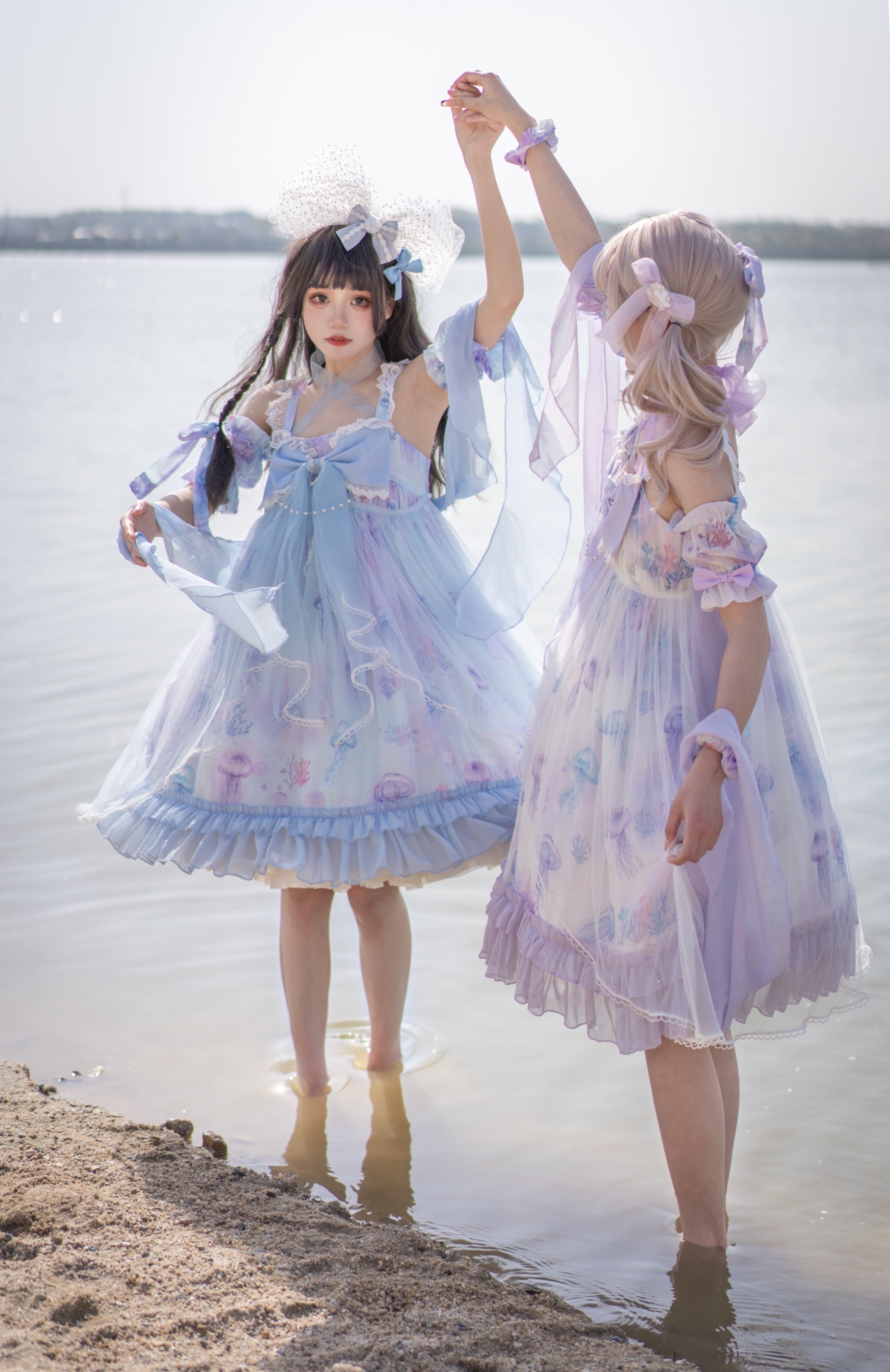 Qi Lolita Sky Blue Purple Lace Long Dress Printed Hem Ruffle