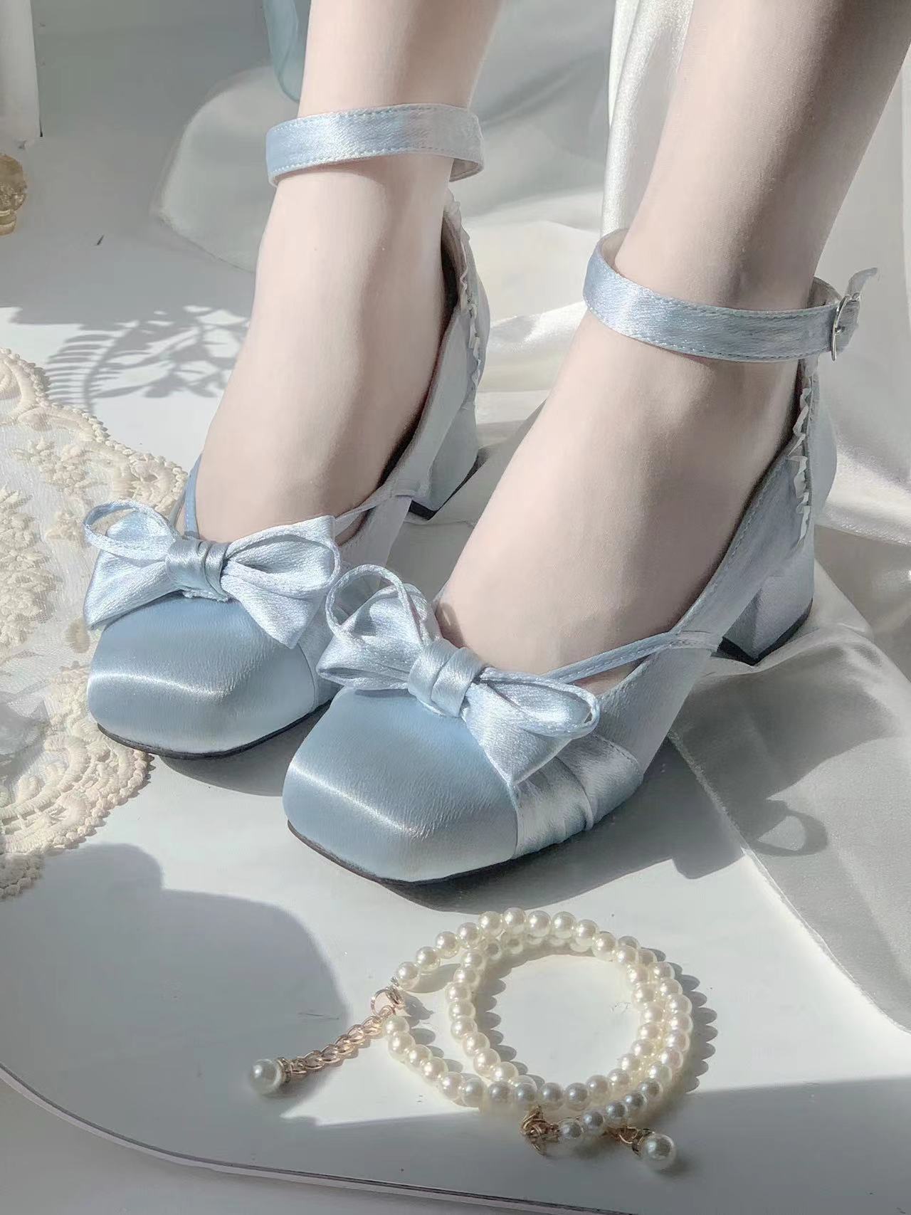 Lolita Shoes Cute Square Head Elegant Low-heeled Satin Mary Jane