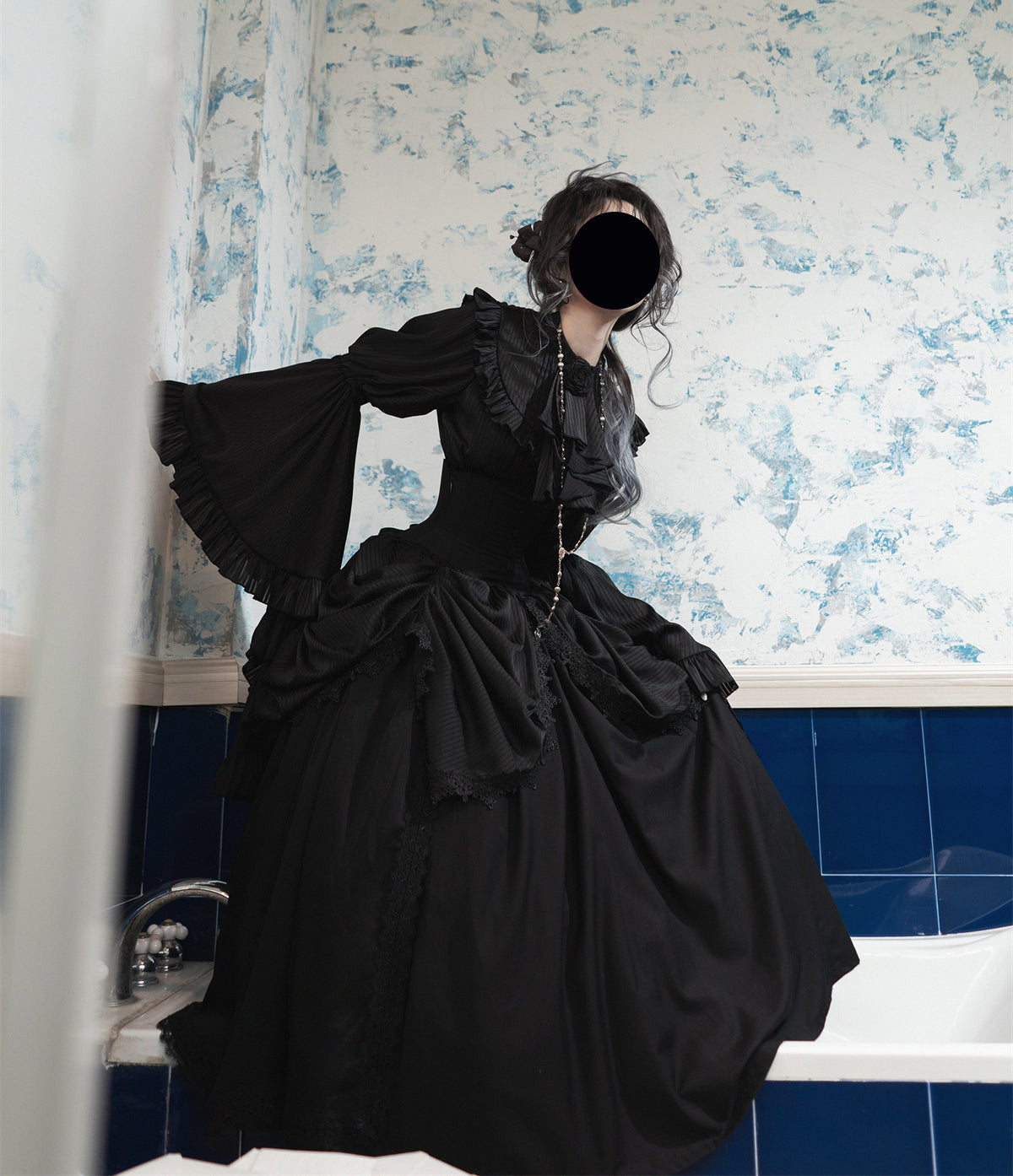 Dark Gothic Lolita Outfit Ruffles Long Skirt Shirt Court Style Witch Costume Halloween