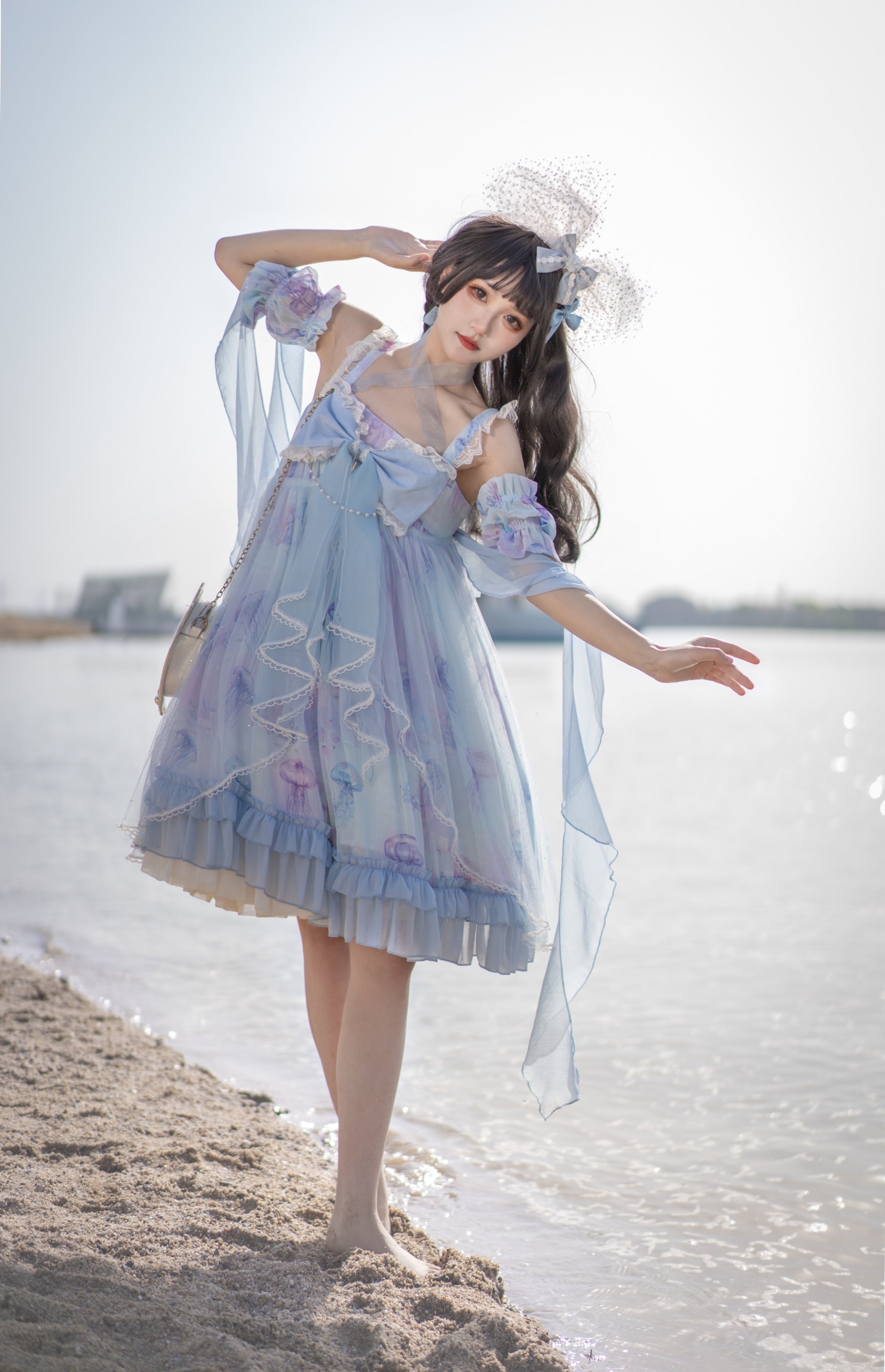 Qi Lolita Sky Blue Purple Lace Long Dress Printed Hem Ruffle