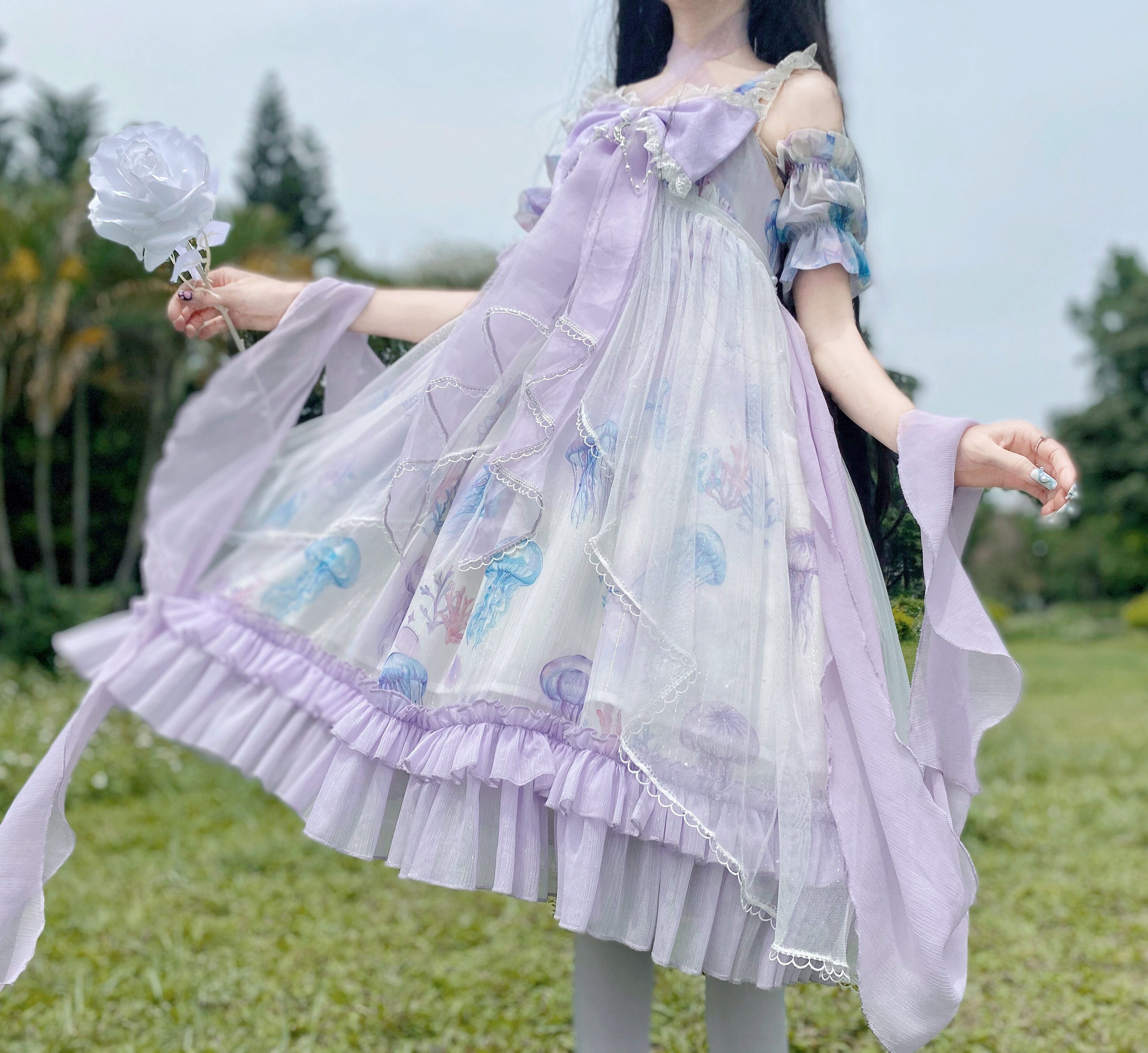Qi Lolita Sky Blue Purple Lace Long Dress Printed Hem Ruffle