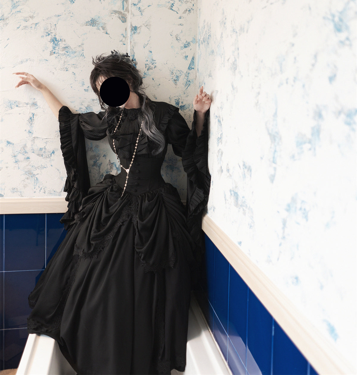 Dark Gothic Lolita Outfit Ruffles Long Skirt Shirt Court Style Witch Costume Halloween