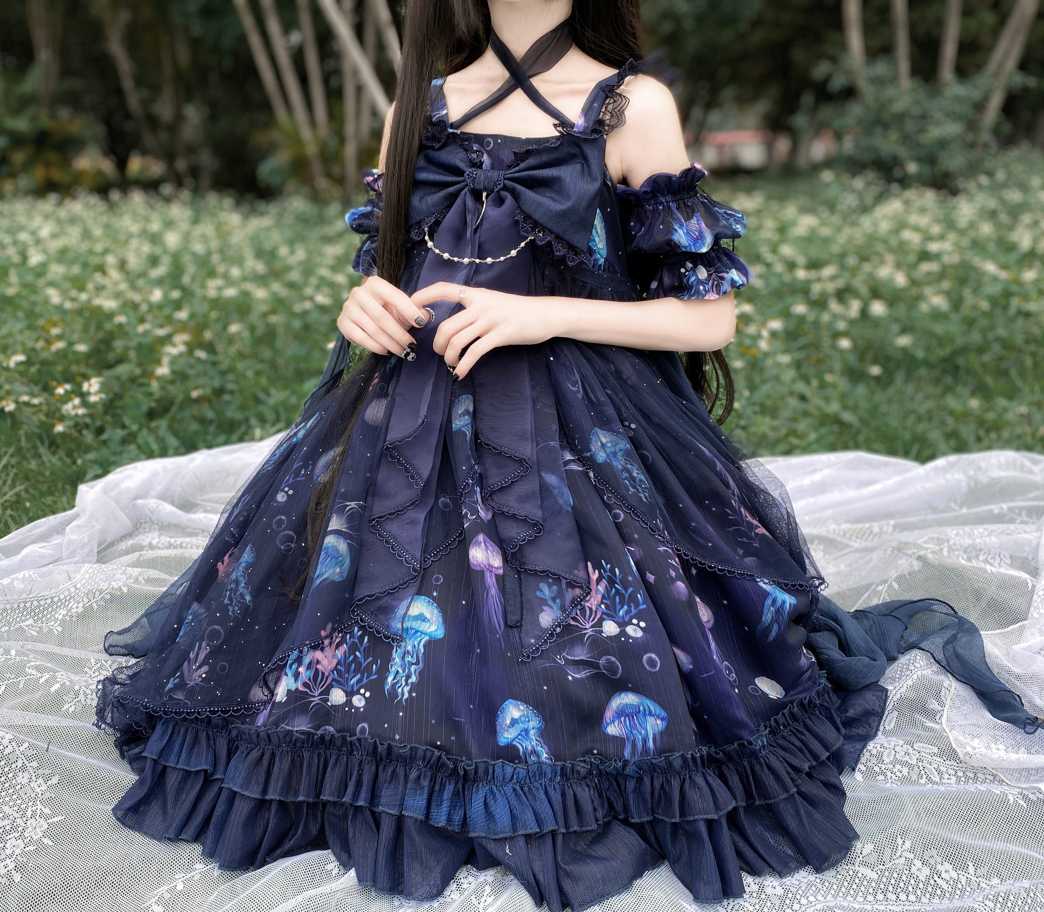Qi Lolita Sky Blue Purple Lace Long Dress Printed Hem Ruffle