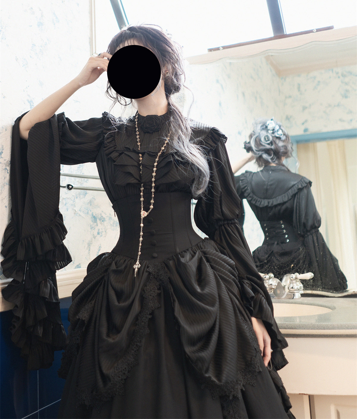 Dark Gothic Lolita Outfit Ruffles Long Skirt Shirt Court Style Witch Costume Halloween