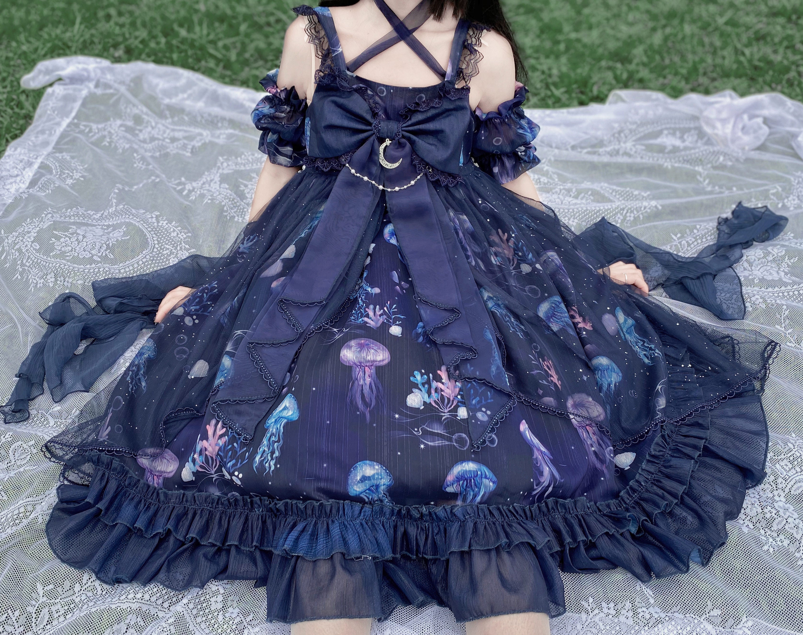 Qi Lolita Sky Blue Purple Lace Long Dress Printed Hem Ruffle