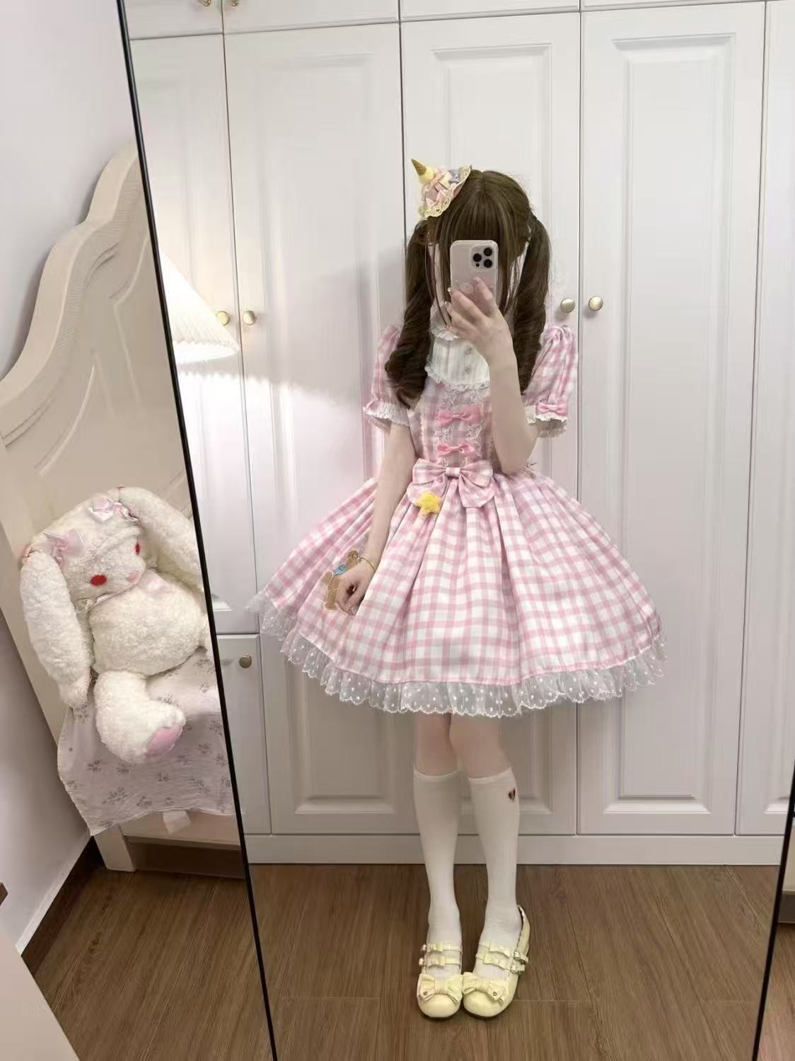 Sweet Lolita Pink Plaid Rabbit Bear Embroider Dress Bubble Sleeves Op Short Sleeves