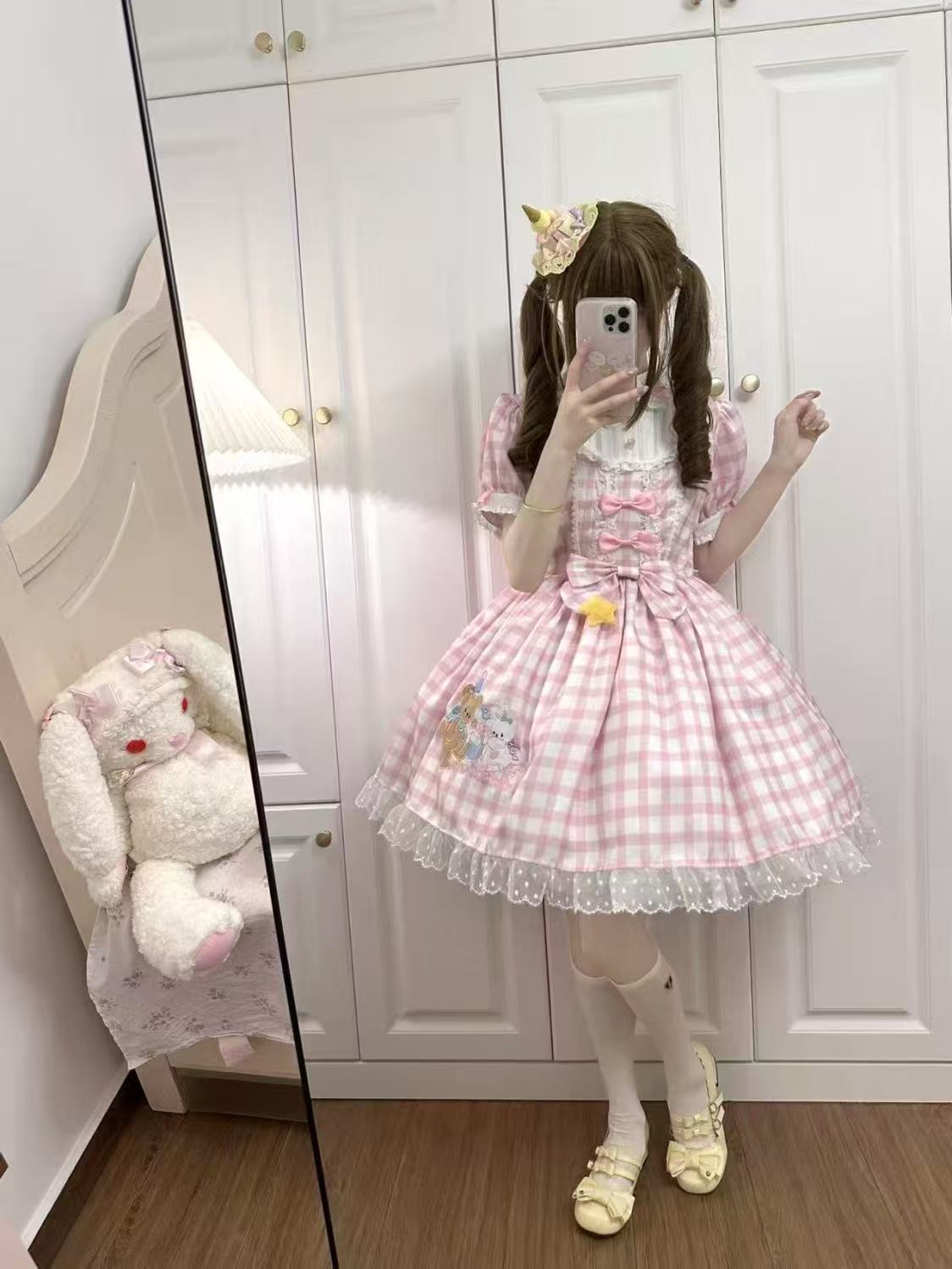 Sweet Lolita Pink Plaid Rabbit Bear Embroider Dress Bubble Sleeves Op Short Sleeves
