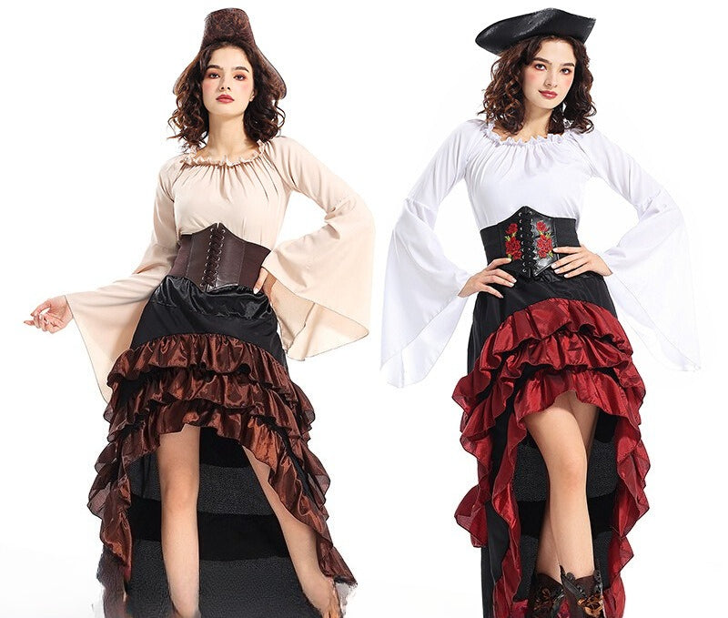 Goth Lolita Pirate Queen Dress Beige White Captain Jack Halloween Cosplay Dresses