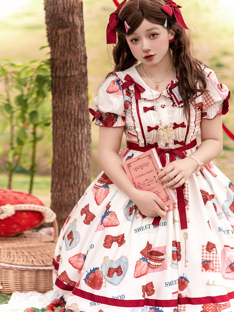 4XL Lolita Dress Plus Size Sweet Lolita Dress with Strawberry Print Bow Accents One Piece Lolita Dress