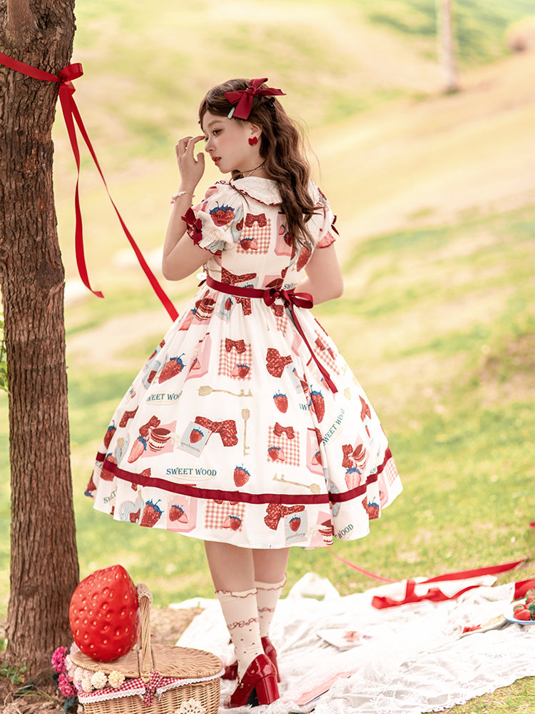 4XL Lolita Dress Plus Size Sweet Lolita Dress with Strawberry Print Bow Accents One Piece Lolita Dress