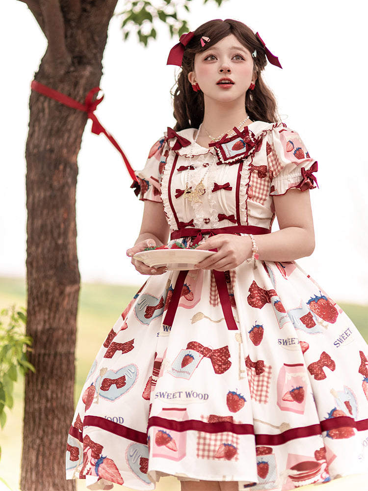4XL Lolita Dress Plus Size Sweet Lolita Dress with Strawberry Print Bow Accents One Piece Lolita Dress