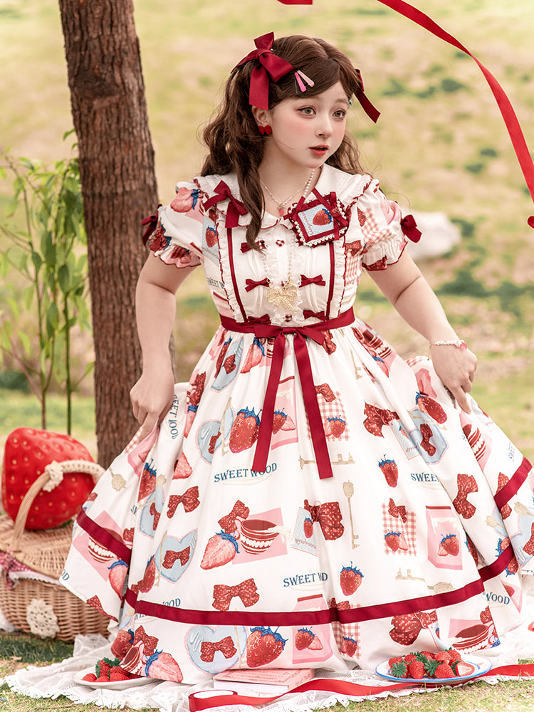 4XL Lolita Dress Plus Size Sweet Lolita Dress with Strawberry Print Bow Accents One Piece Lolita Dress