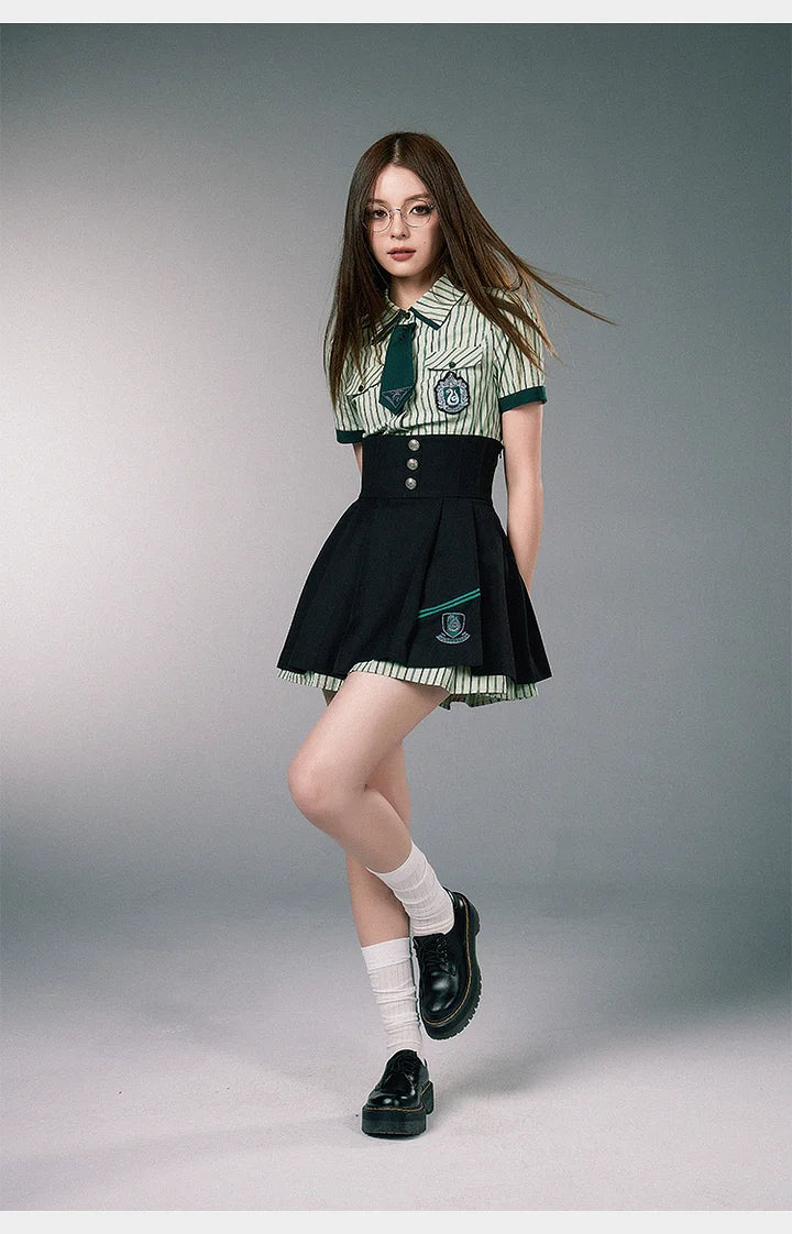 Academic Department Joint Striped Shirt Skirt Fishbone Skirt Two-piece Set Waist Set Uniform