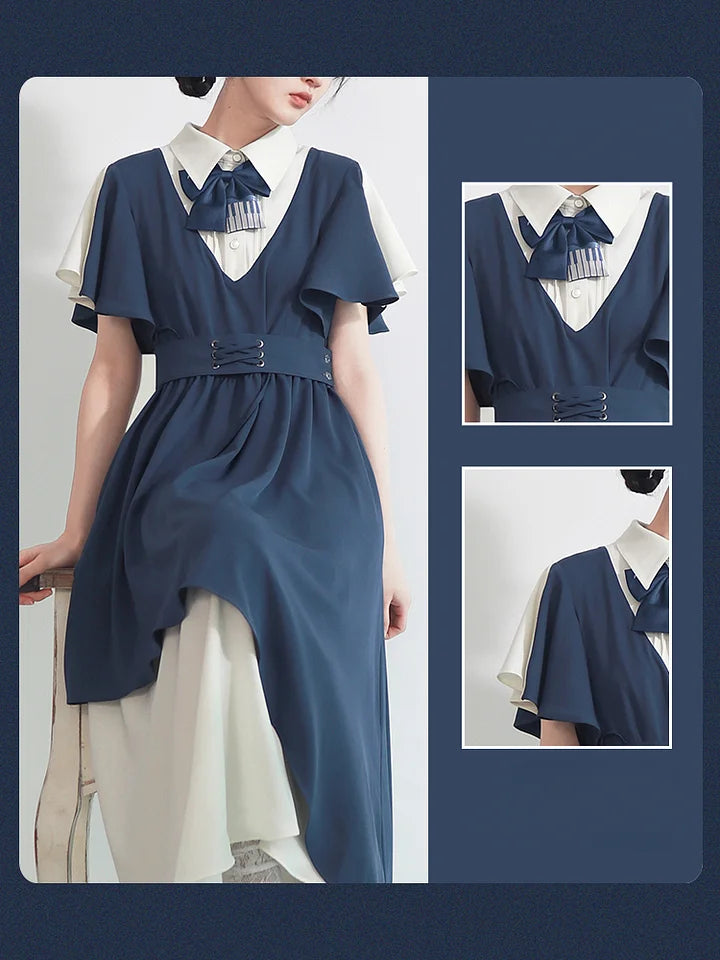 Artistic Bow Accented Layer Dress College Style Chiffon Summer and Autumn