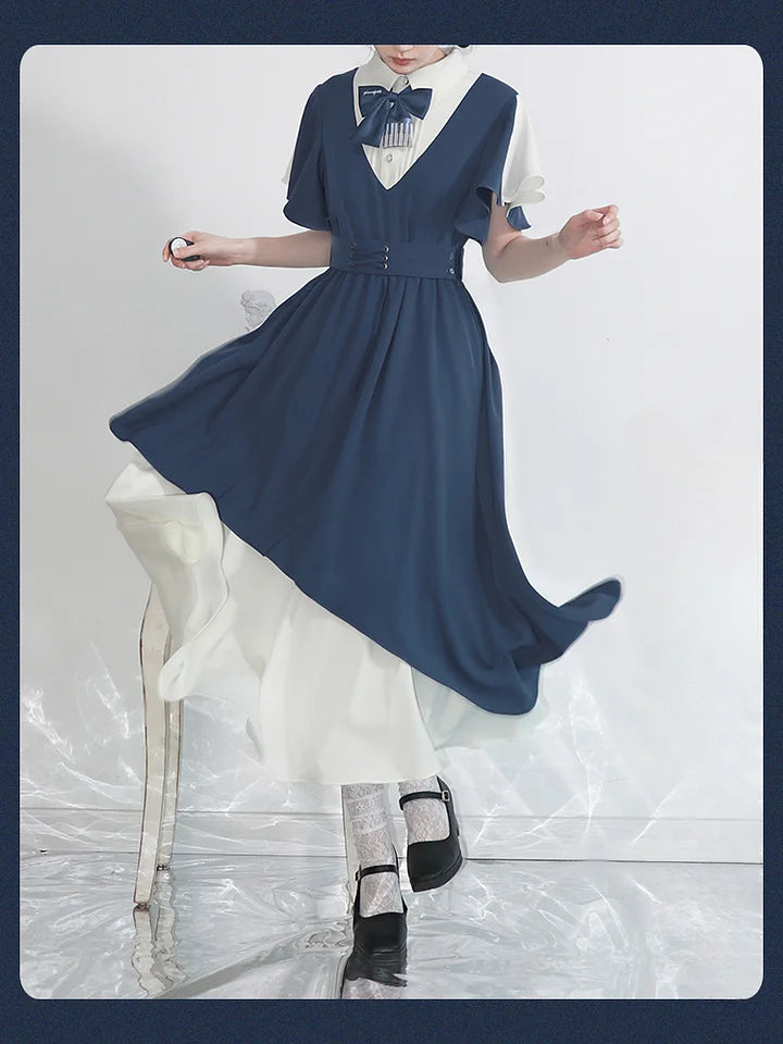 Artistic Bow Accented Layer Dress College Style Chiffon Summer and Autumn