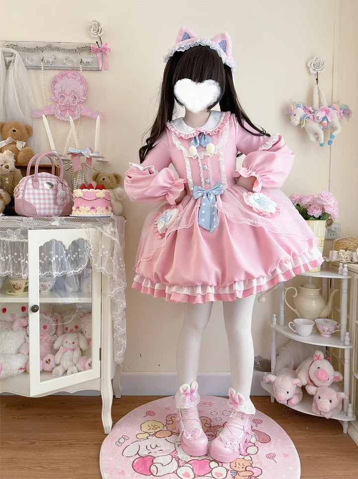 Autumn Winter Pink Long-sleeved Dress Lolita Sweet and Cute Bow Princess Dress