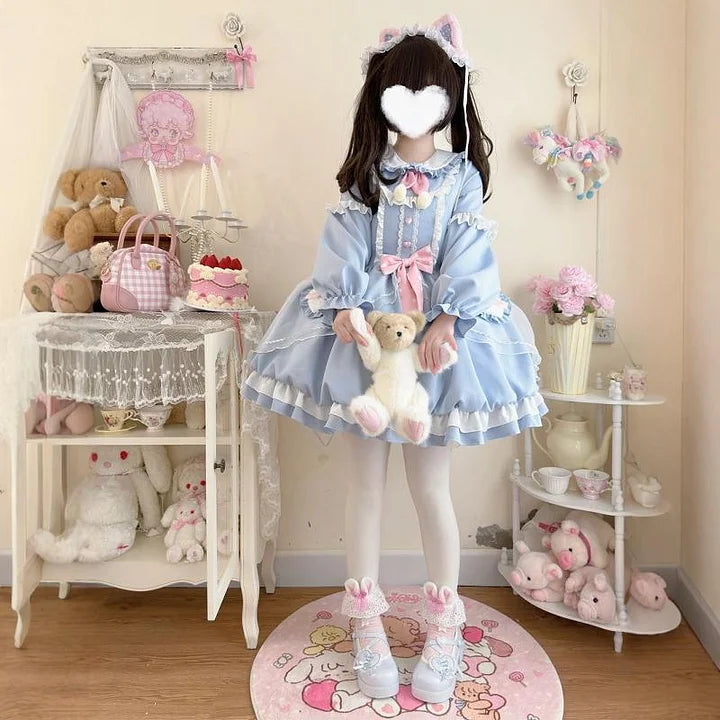 Autumn Winter Pink Long-sleeved Dress Lolita Sweet and Cute Bow Princess Dress