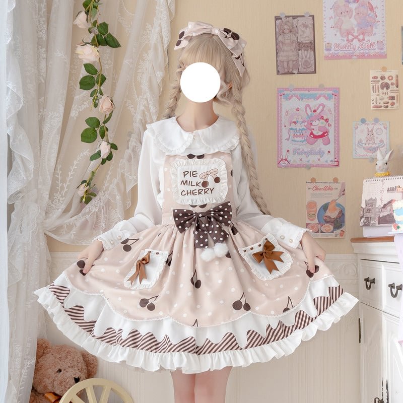 Beige Sweet Cherry Printed Doll Neck Lolita Dress