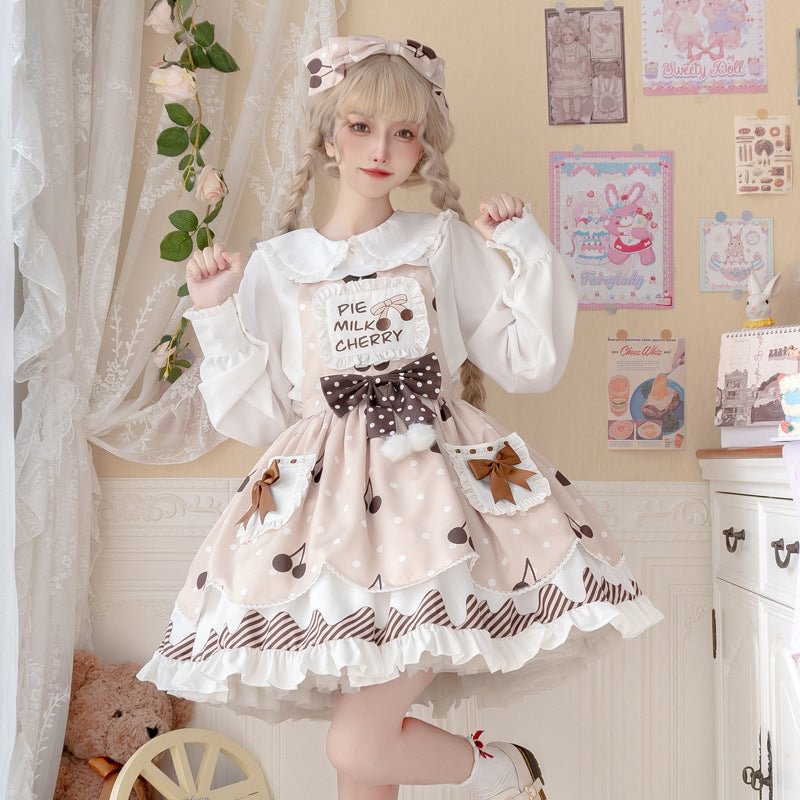 Beige Sweet Cherry Printed Doll Neck Lolita Dress