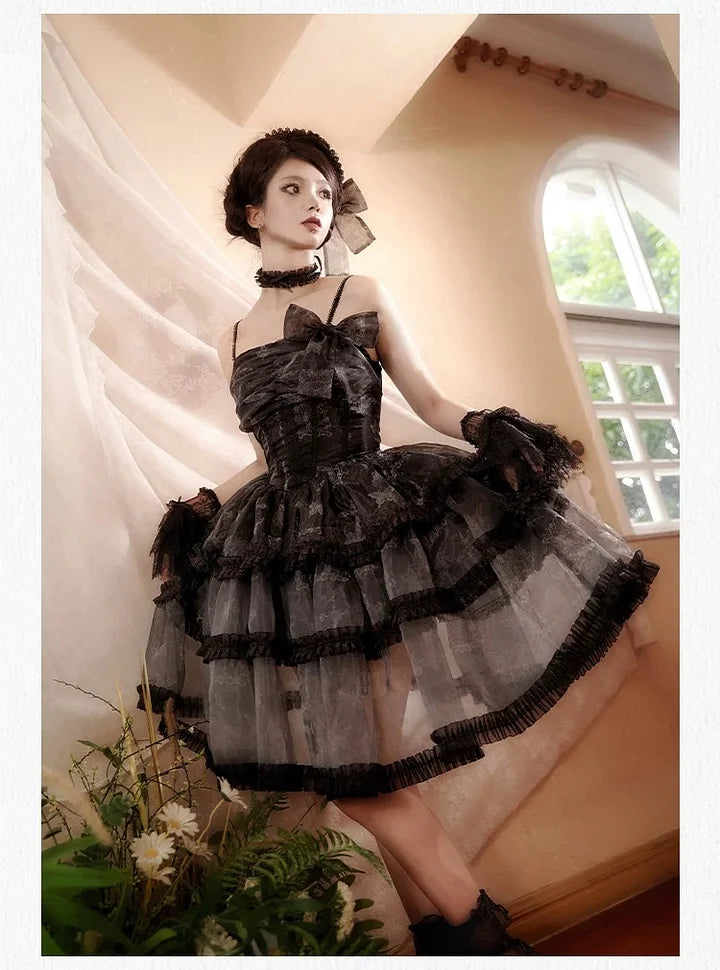Black Butterfly Elegant Gothic Princess Dress Organza Strap Lolita Dress JSK