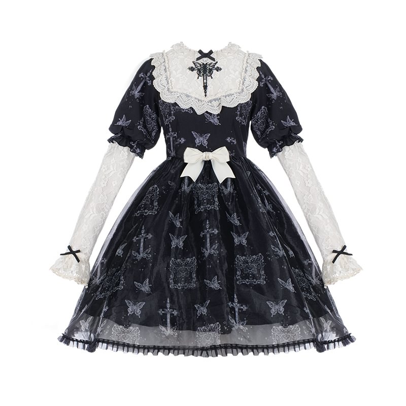 Black Butterfly Print Goth Sweet Dress Long Sleeve Lolita Dress OP