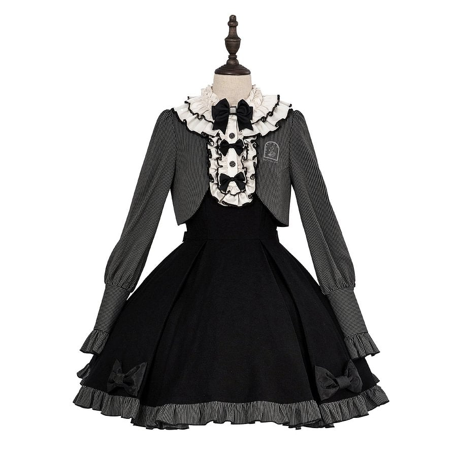 Black Classic Light Lolita Dress Ruffle Bowknot Long Sleeve OP