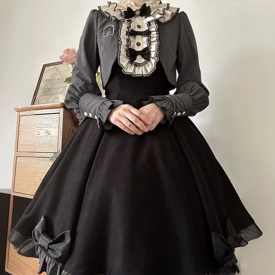 Black Classic Light Lolita Dress Ruffle Bowknot Long Sleeve OP