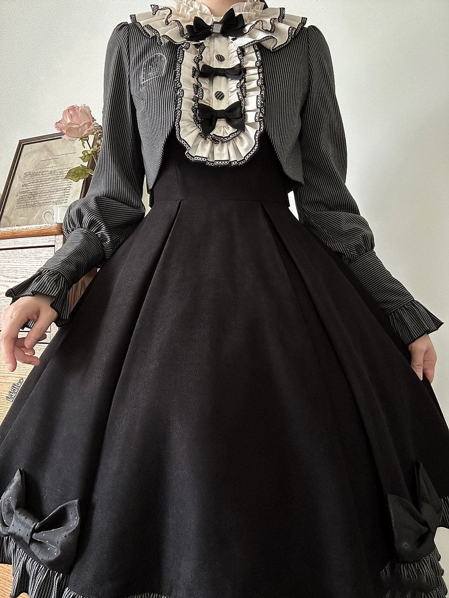 Black Classic Light Lolita Dress Ruffle Bowknot Long Sleeve OP