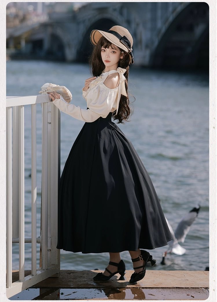 Black Classic Lolita OP Dress Faux Two-Piece Long Sleeve Elegant Dress Spring