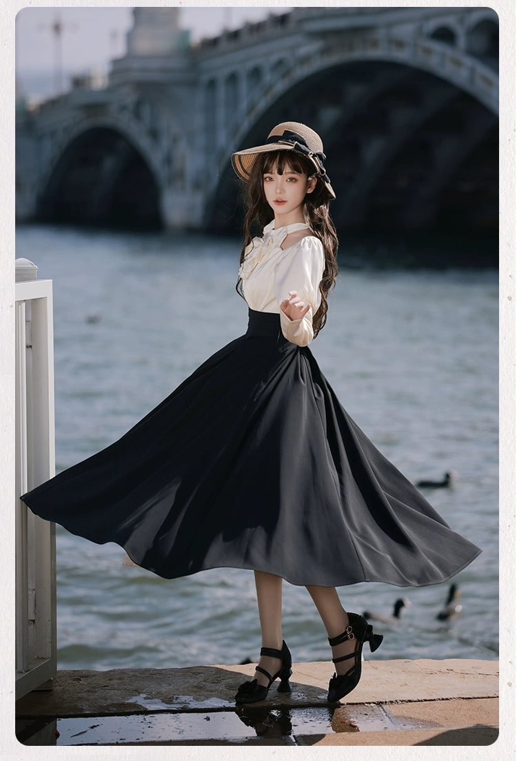 Black Classic Lolita OP Dress Faux Two-Piece Long Sleeve Elegant Dress Spring