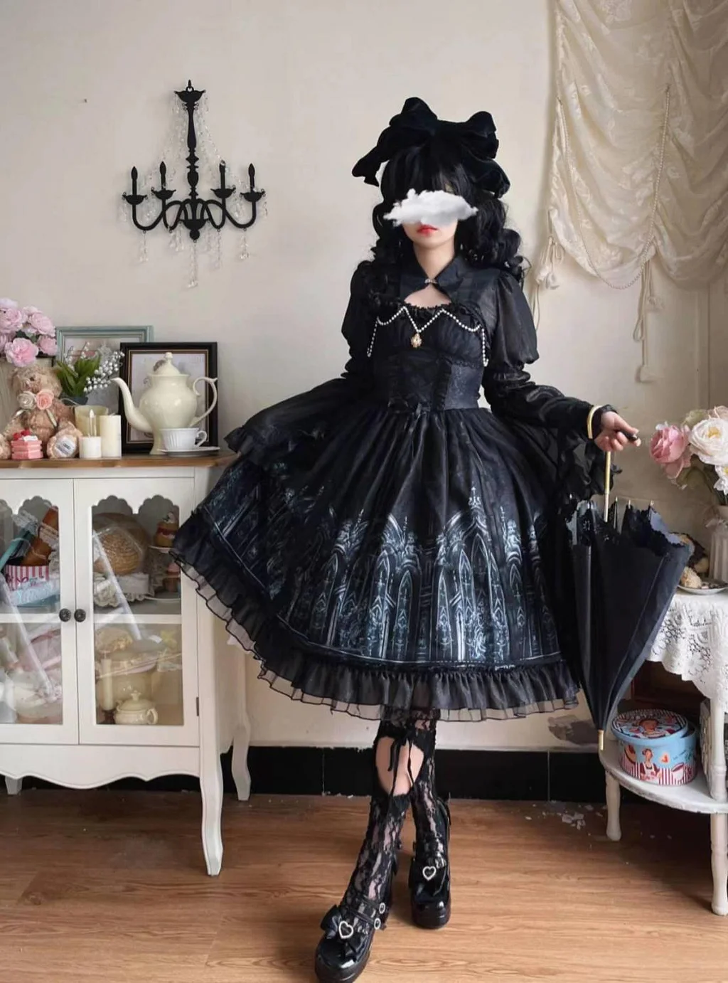 Black Dark Gothic Print Castle Jsk Dress Lace Ruffle Summer