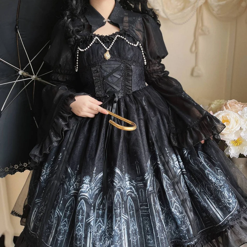 Black Dark Gothic Print Castle Jsk Dress Lace Ruffle Summer