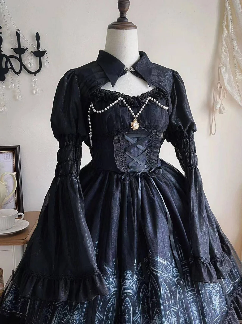 Black Dark Gothic Print Castle Jsk Dress Lace Ruffle Summer