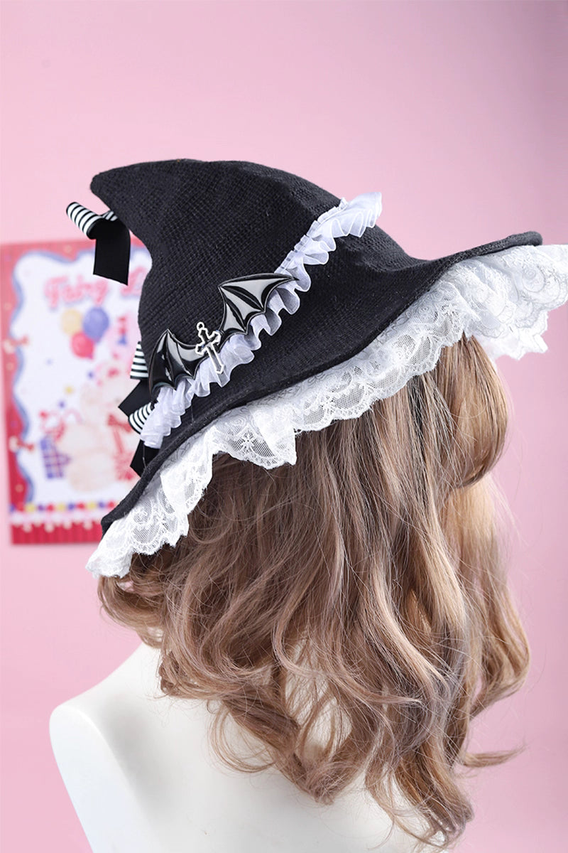 Black Gothic Lolita Witch Hat Handmade Halloween Bow Cosplay Accessory for Women