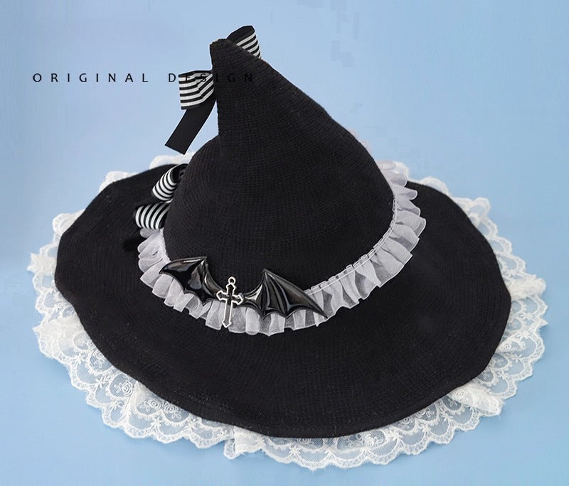 Black Gothic Lolita Witch Hat Handmade Halloween Bow Cosplay Accessory for Women