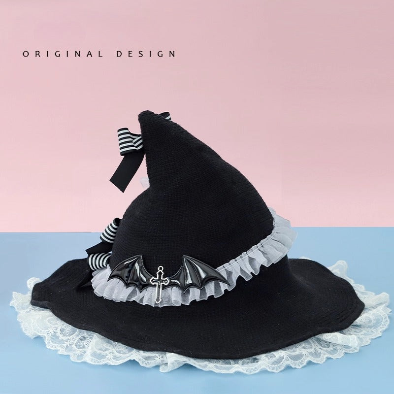 Black Gothic Lolita Witch Hat Handmade Halloween Bow Cosplay Accessory for Women