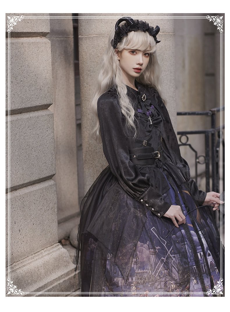 Gothic Lolita Black Star Jacquard Lace Dress for Halloween
