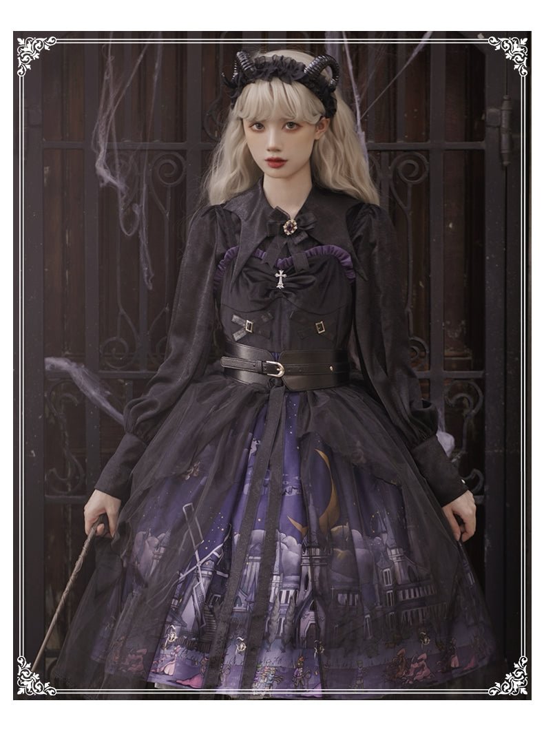 Gothic Lolita Black Star Jacquard Lace Dress for Halloween