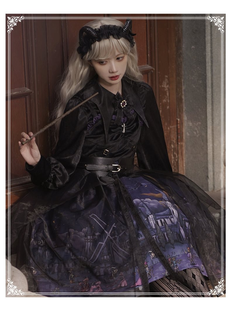 Gothic Lolita Black Star Jacquard Lace Dress for Halloween